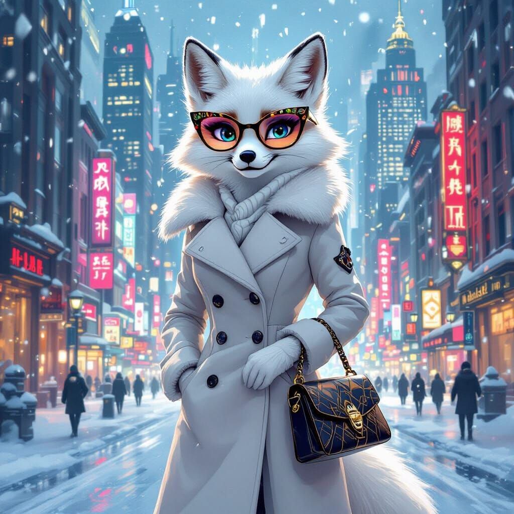 Arctic Fox in Art Deco Cityscape