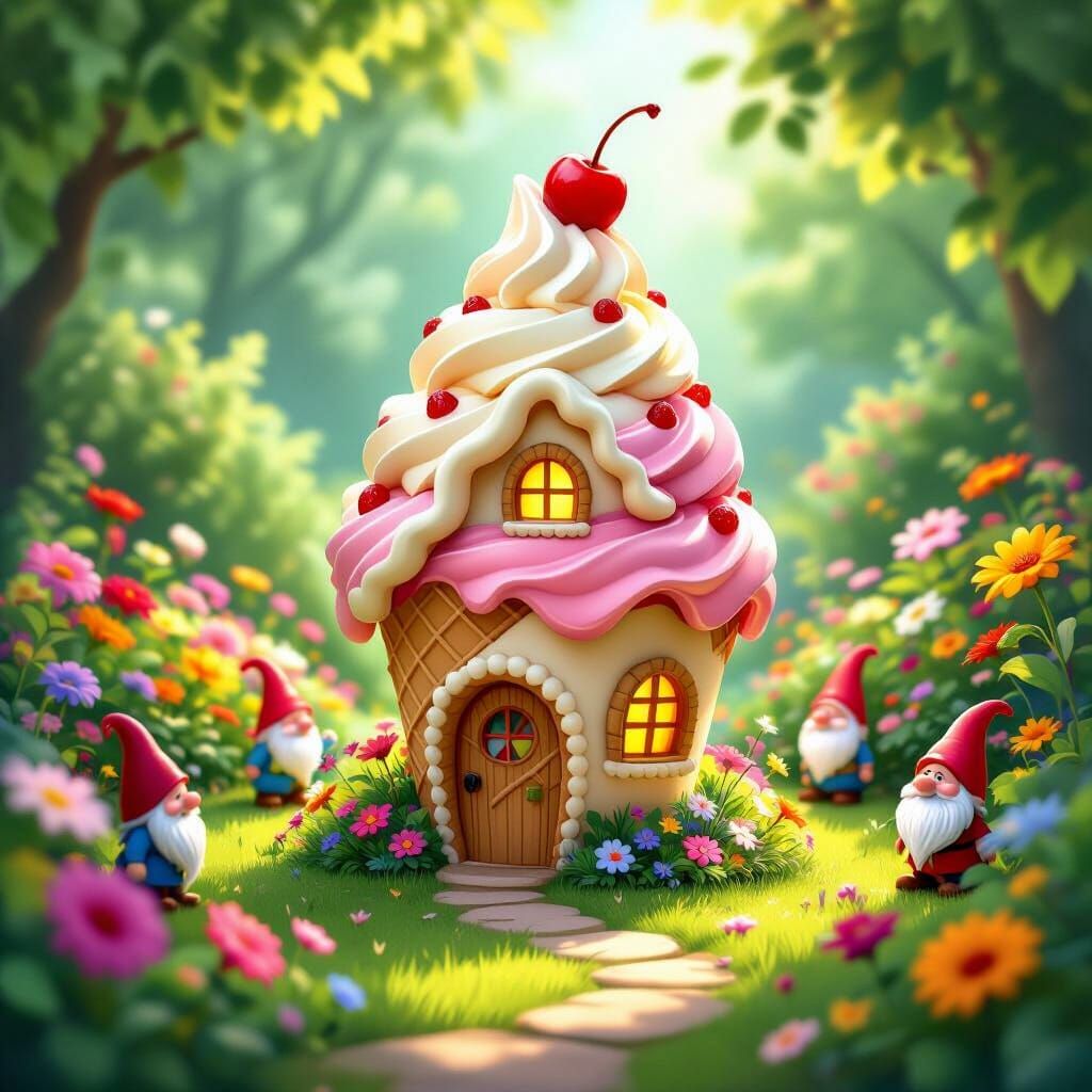 Whimsical Ice Cream Cone House in Enchanting Garden