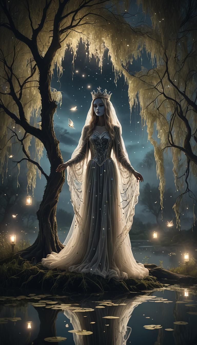 Ethereal Ghost Crown Reflection in Pond at Night