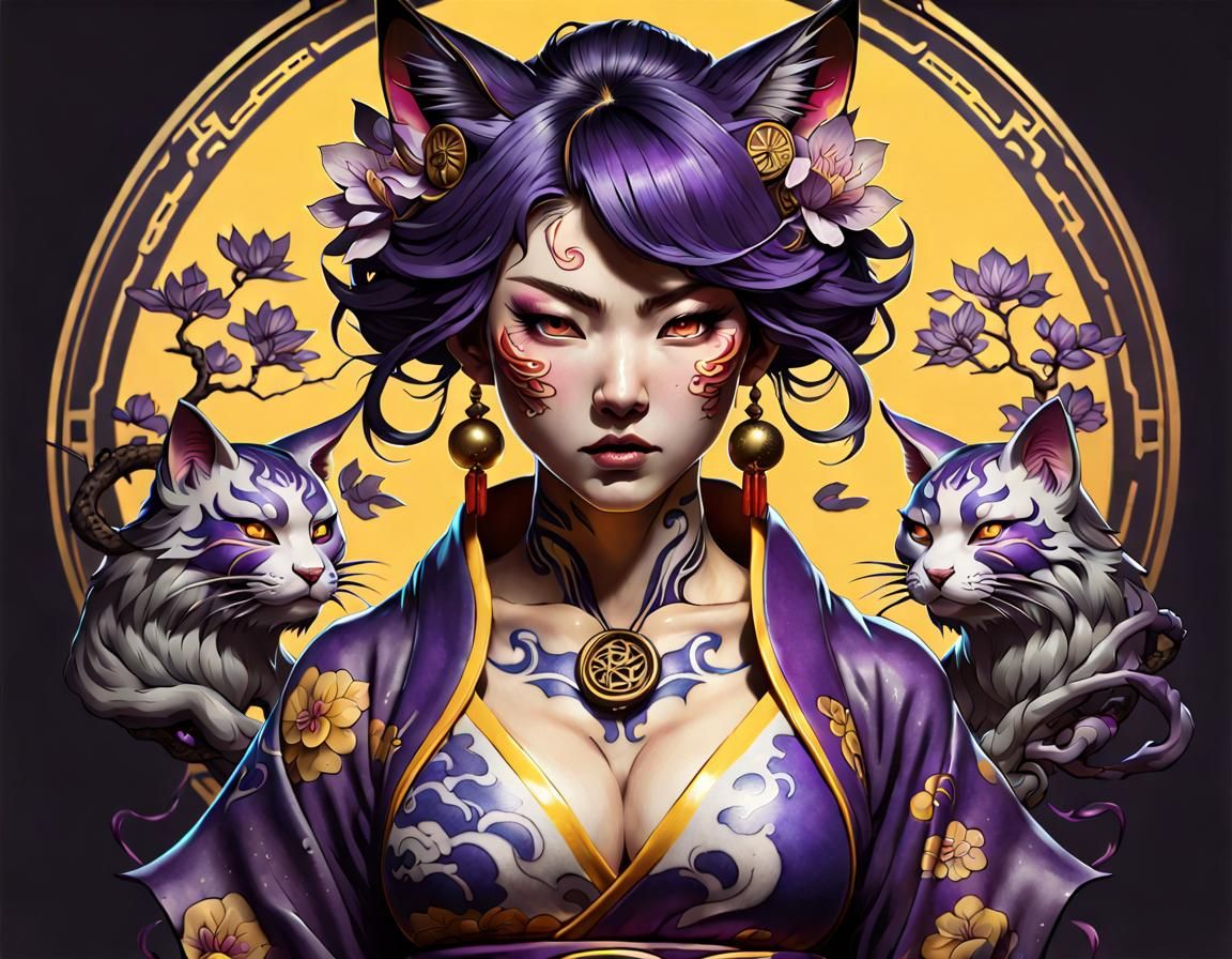 Beautiful Japanese female Bakeneko tattoo design