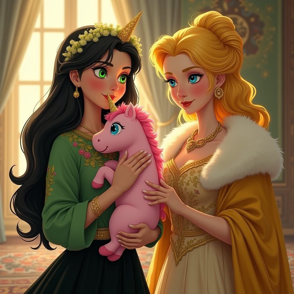 Classic Animation-Inspired Young Woman with Unicorn and Empr...