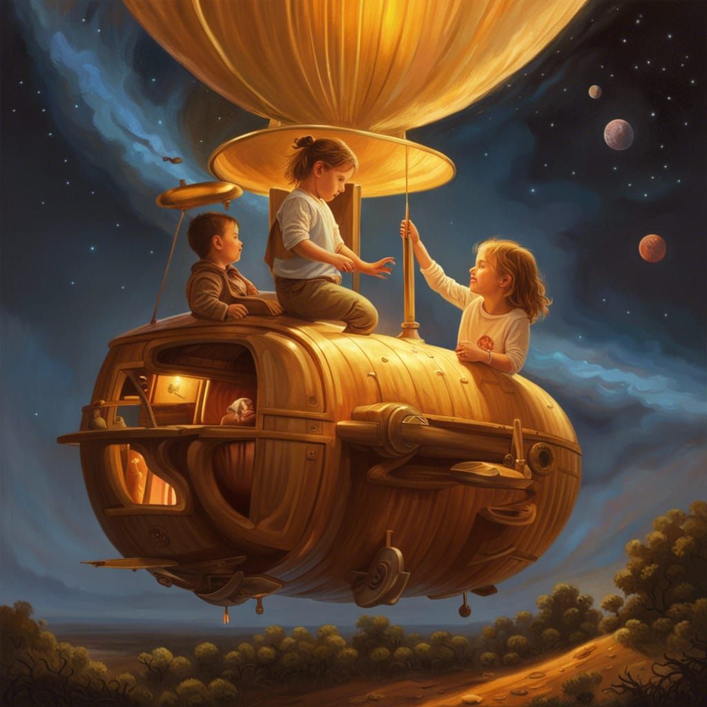 Children's Dream of Space Travel as Oil Painting
