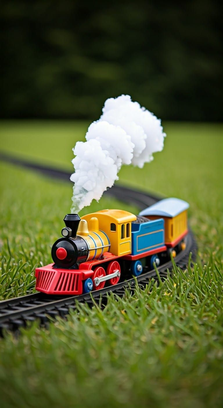 Vibrant Toy Train Chugs Along Winding Track in Whimsical Lan...