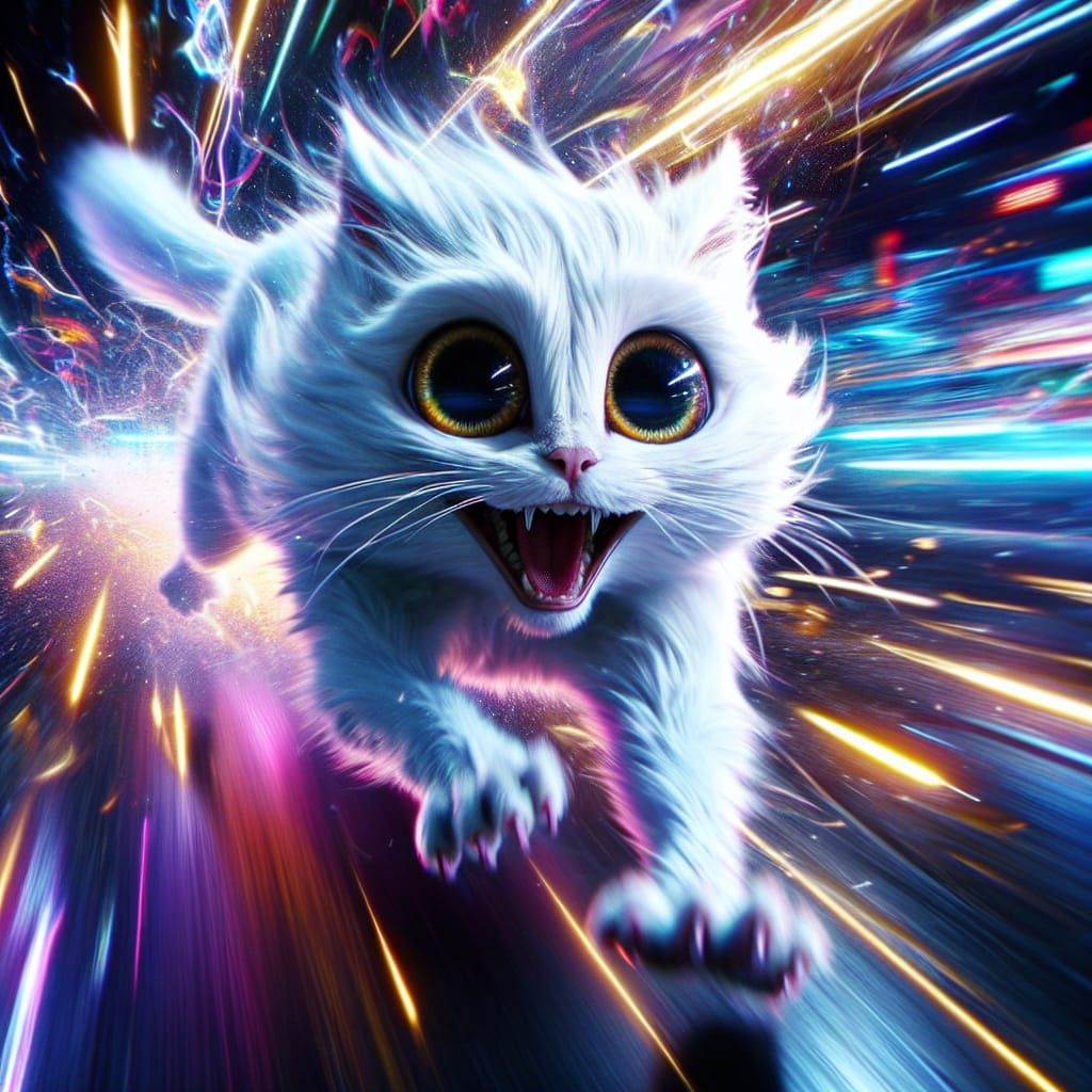 Excited White Cat in a Whirlwind of Neon Colors