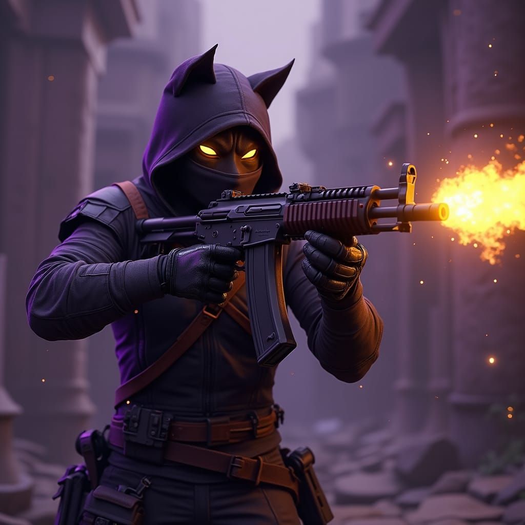 Standmix Cat Ninja Firing AK47 in Dark Fantasy Style