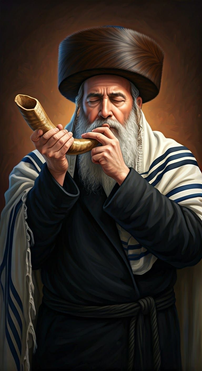a Chasidic rabbi blow the shofar, deep in concentration,