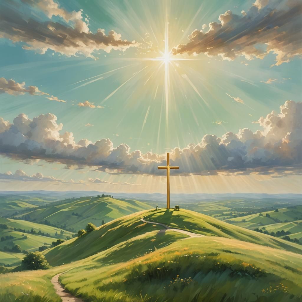 Golden Cross in Heavenly Landscape Art