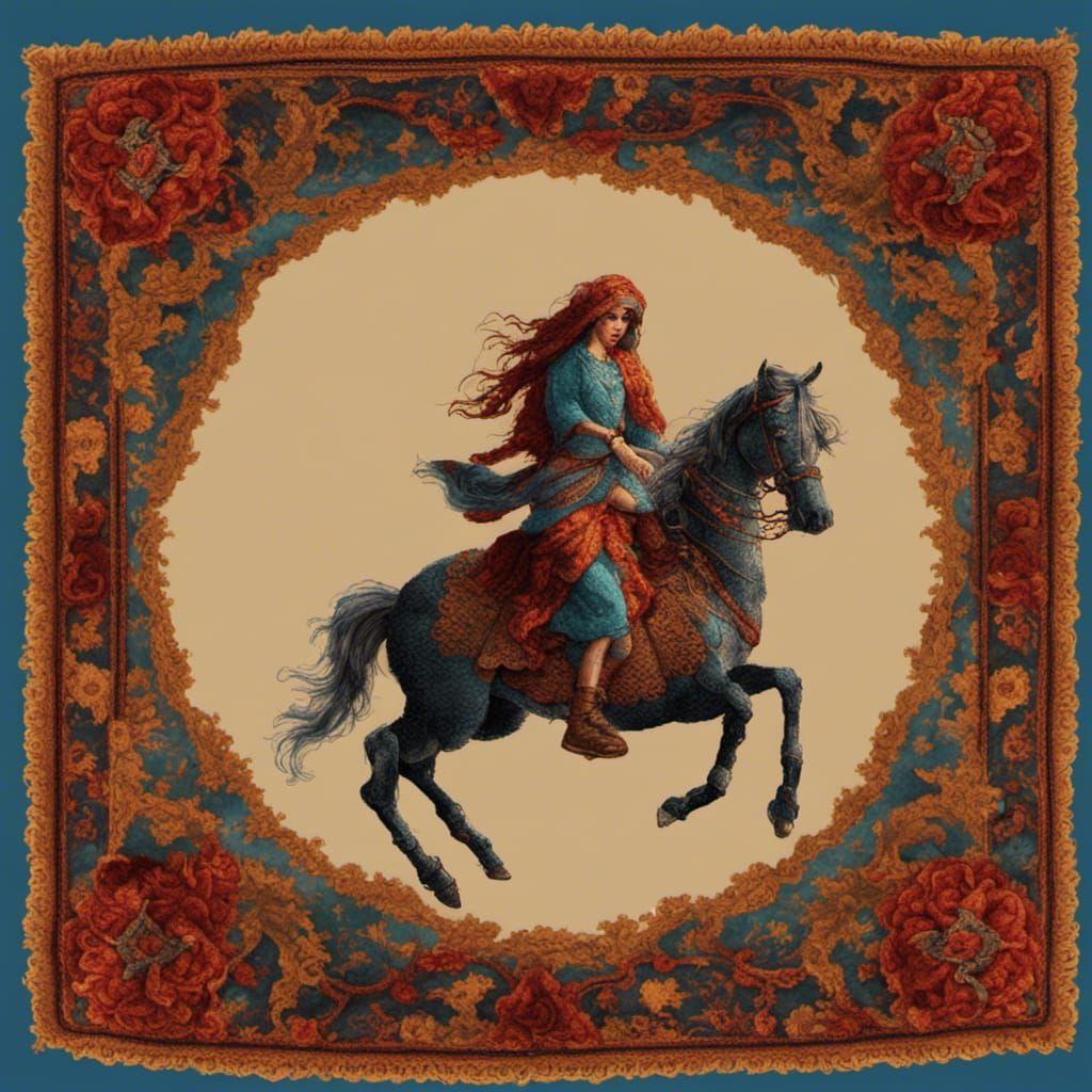 Crocheted Persian Carpet Depicting a Kidnapping