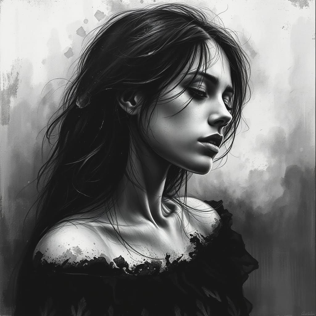 Woman in Quiet Desolation: Charcoal Art