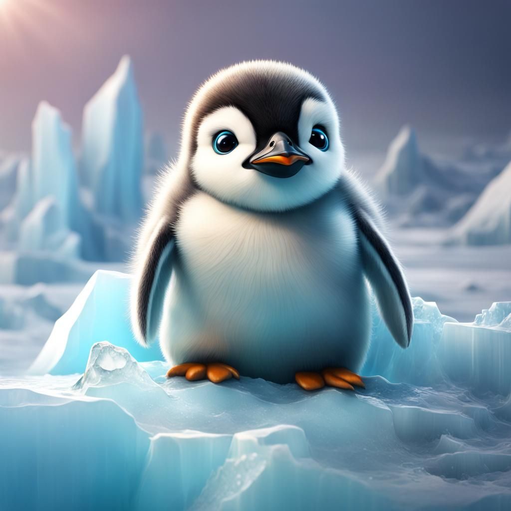Hyperrealistic Baby Penguin on Iceberg Splash Art