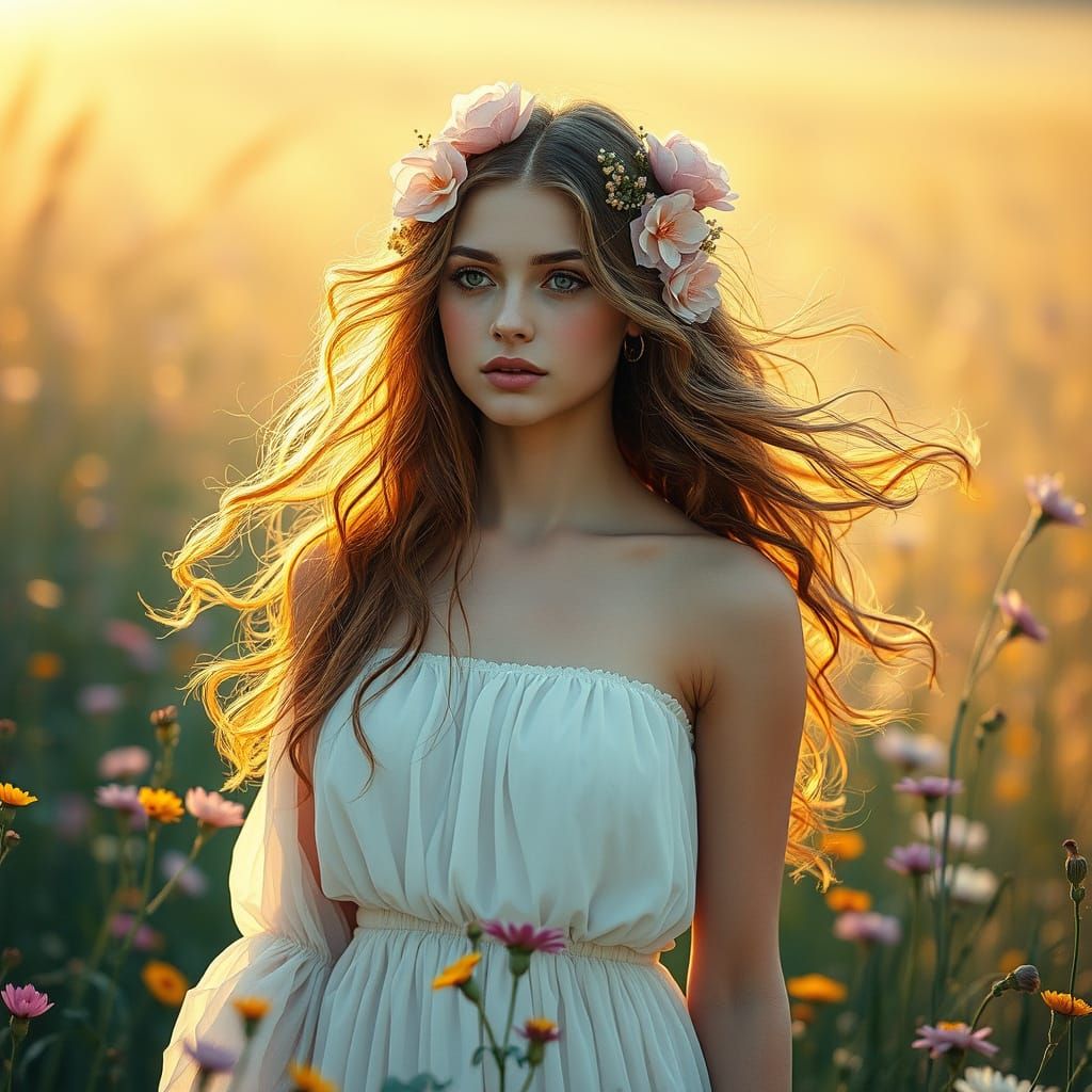 Woman in Wildflower Field, Art Nouveau Style