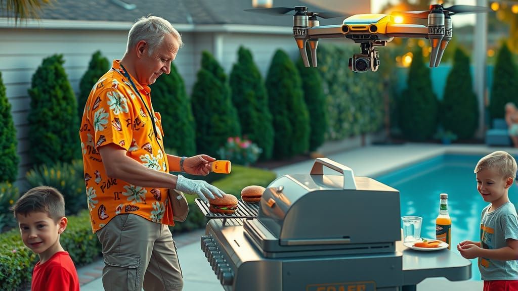 Dad Grilling Burgers with Robot Assistance in Hyperrealism