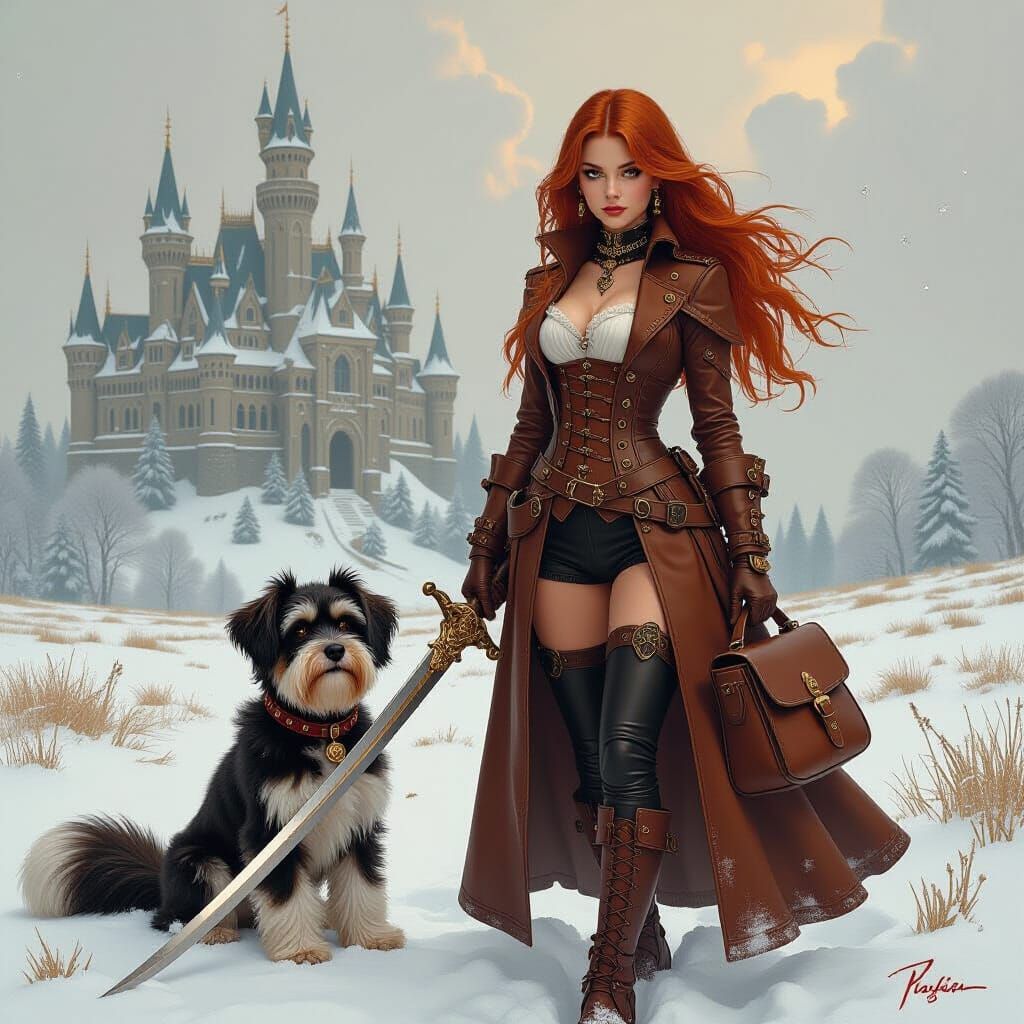 Steampunk Girl with Dog in Snowy Field