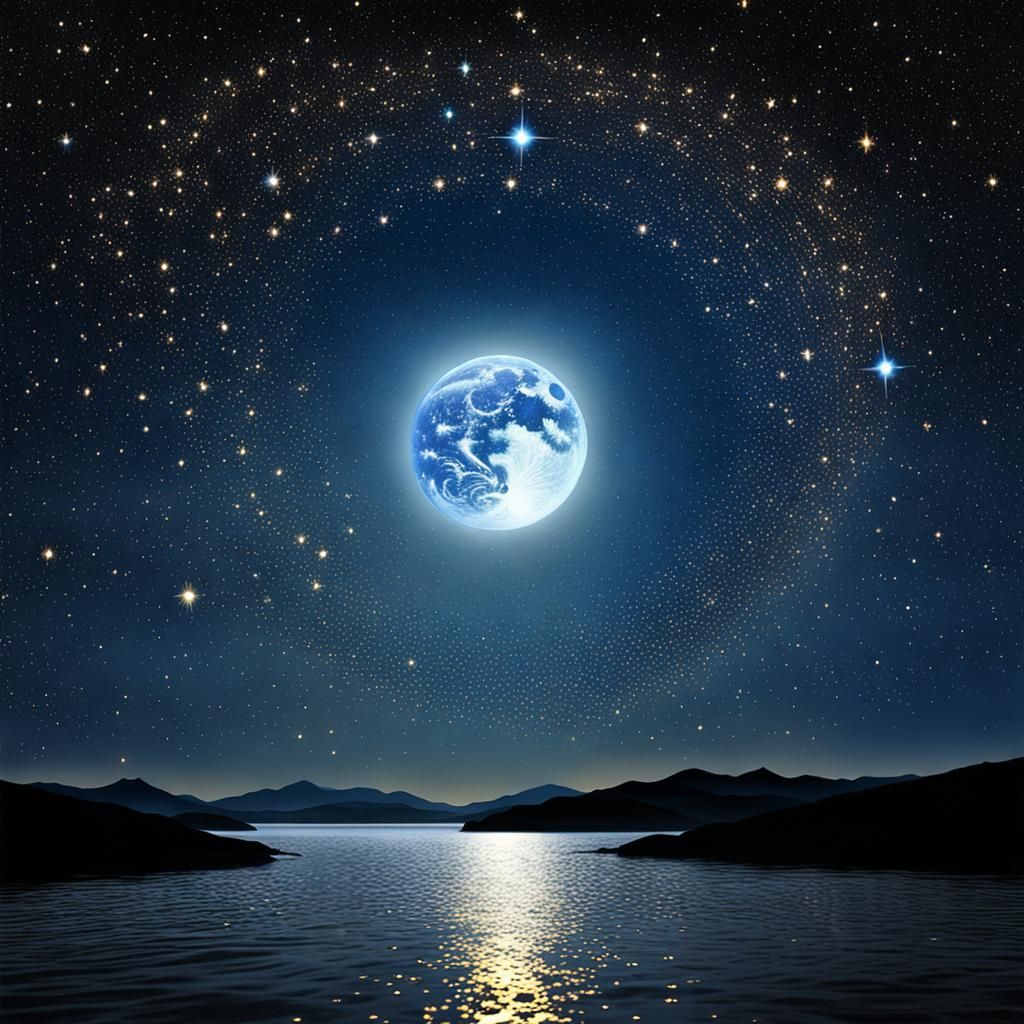 Golden Stars Surround Full Moon in Clear Sky