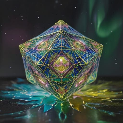 Icosahedron in Nebulous Aurora: Neo-Impressionist Oil Painti...