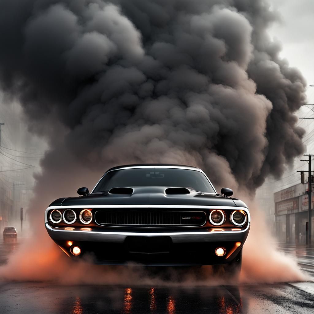 Menacing Matte Black Dodge Challenger in Smoke