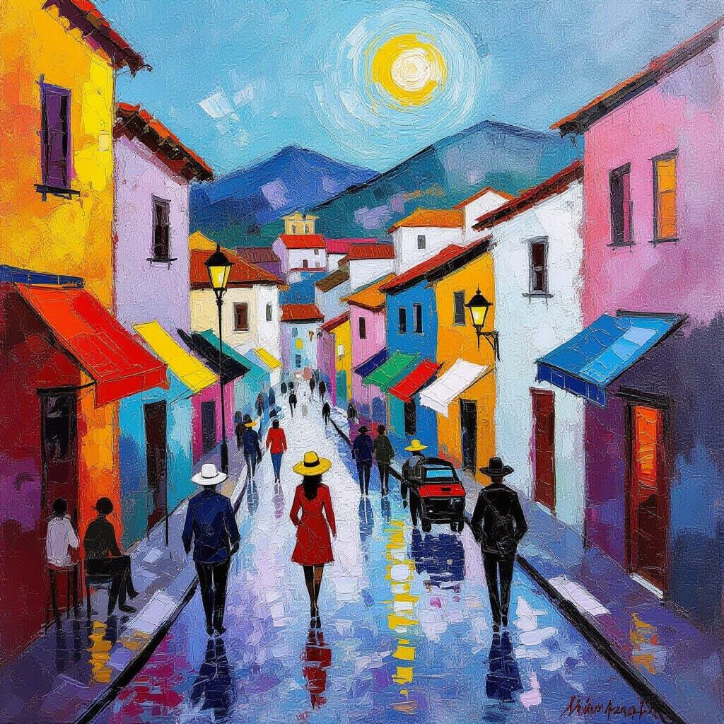Vibrant Street Scene with Abstract Expressionist Brushstroke...