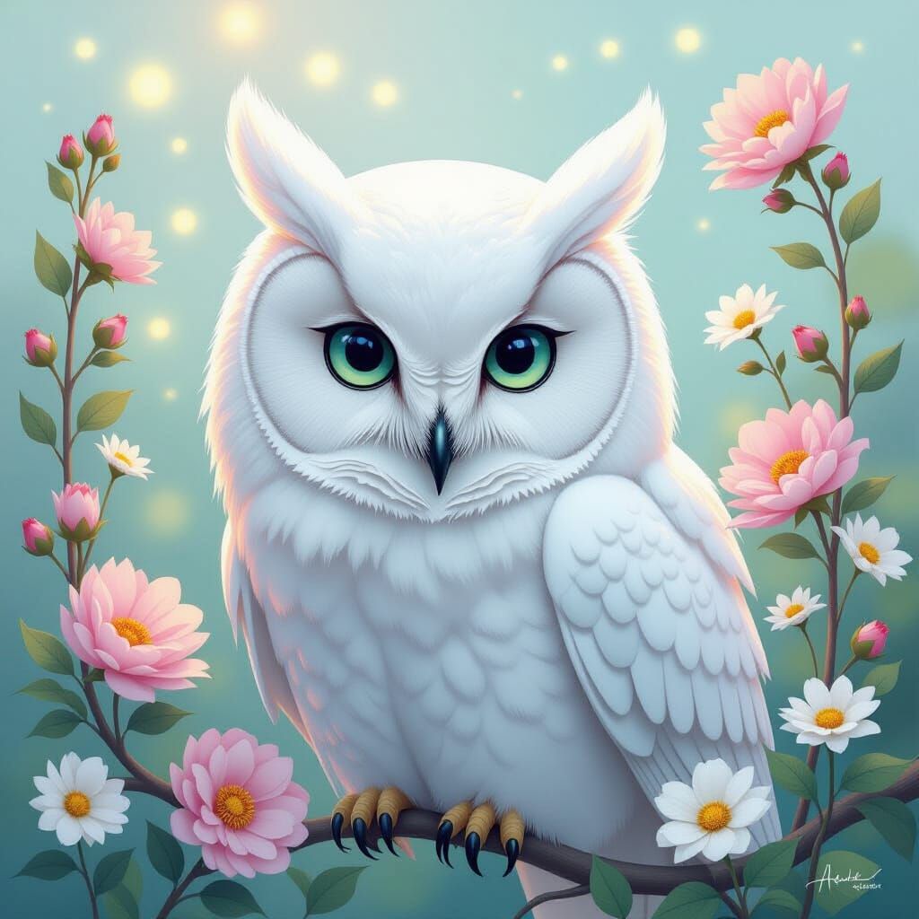 Ethereal White Owl Painting with Pastel Gradients