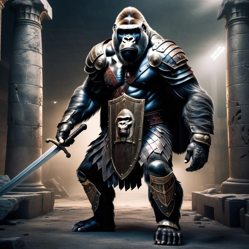 Gorilla Gladiator in Dystopian Horror Style