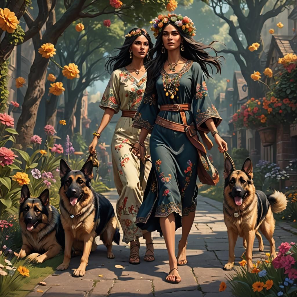 1960s Girl with German Shepherds: Matte Painting