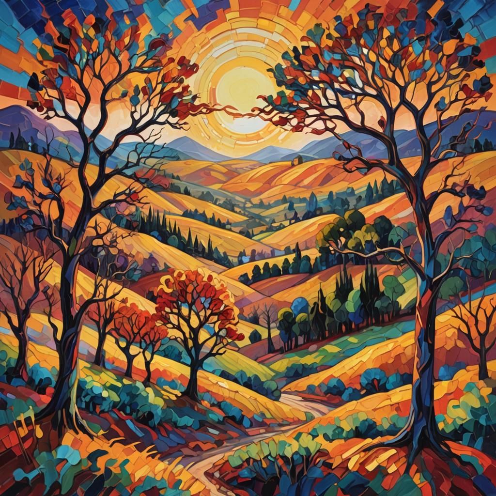 Expressionist Sunrise Over Twisted Trees