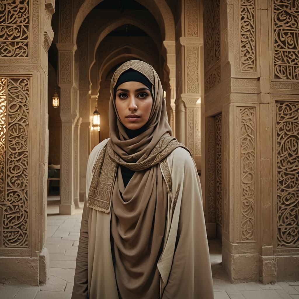 Muslim Woman with Niqab in Ancient Mosque