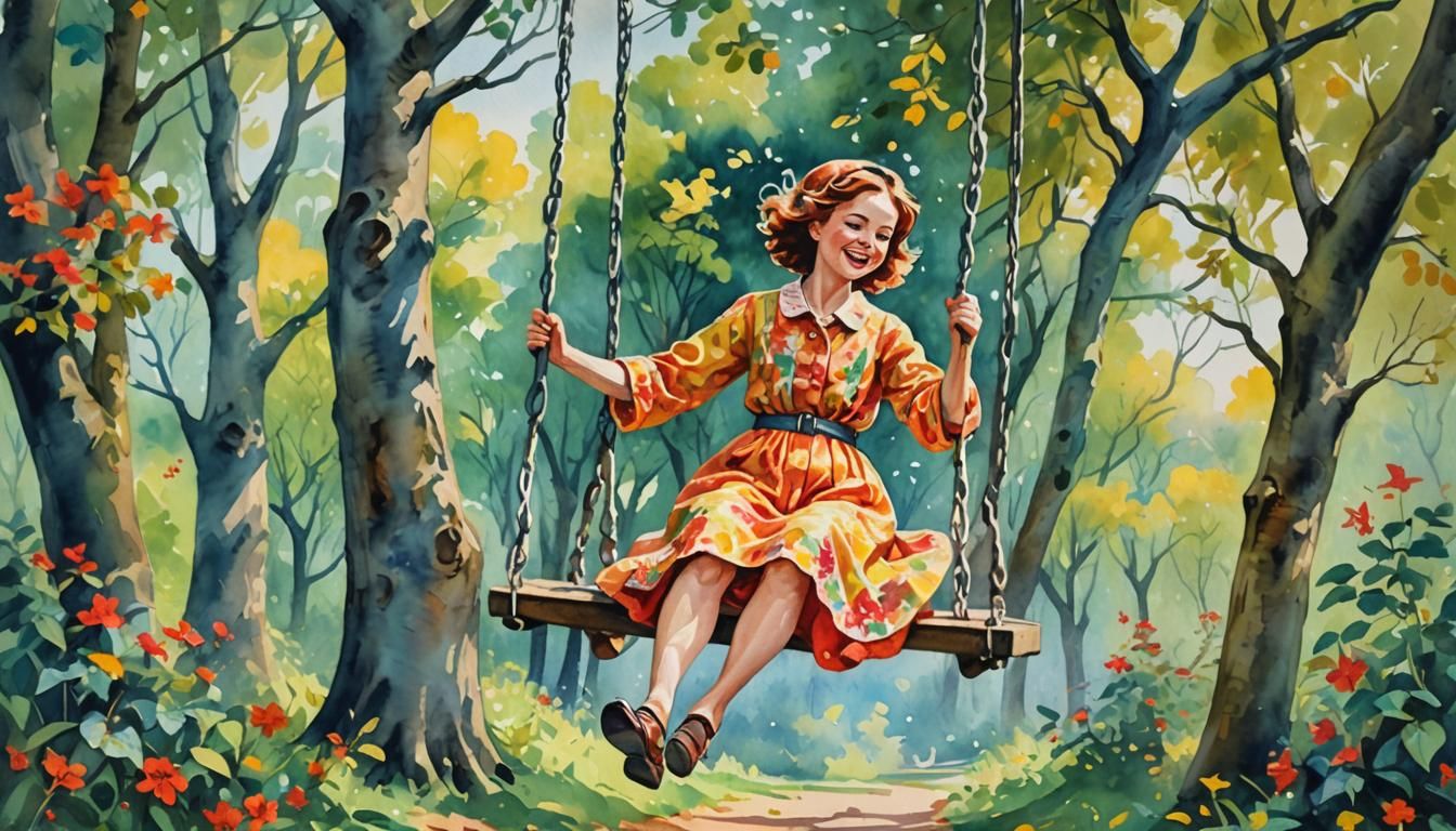 Joyful Swing in Gouache Style Watercolor
