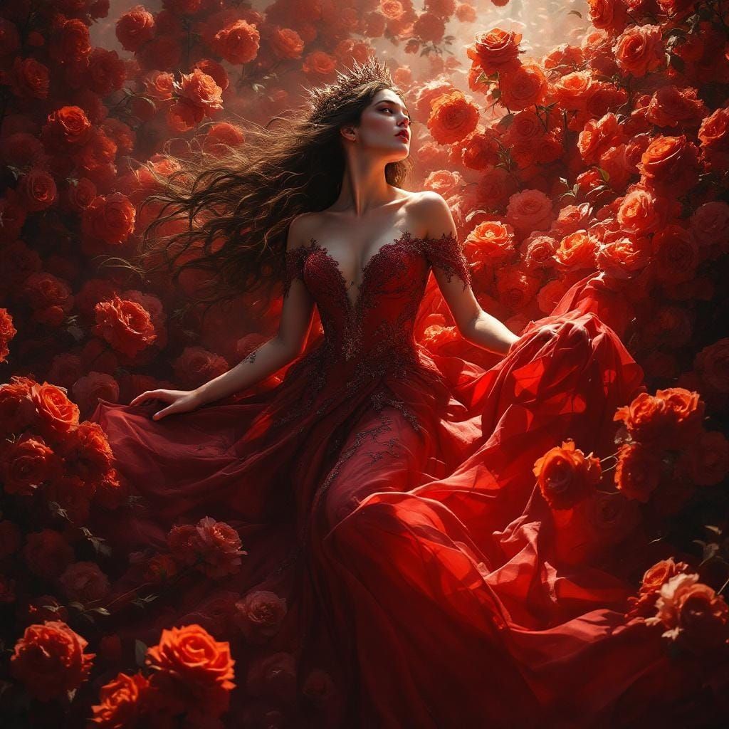 Dream Queen in Red Dress on Roses, Dark Fantasy