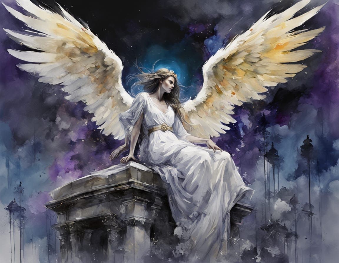 Angel of Death in Watercolor, with Full Moon and Graveyard S...