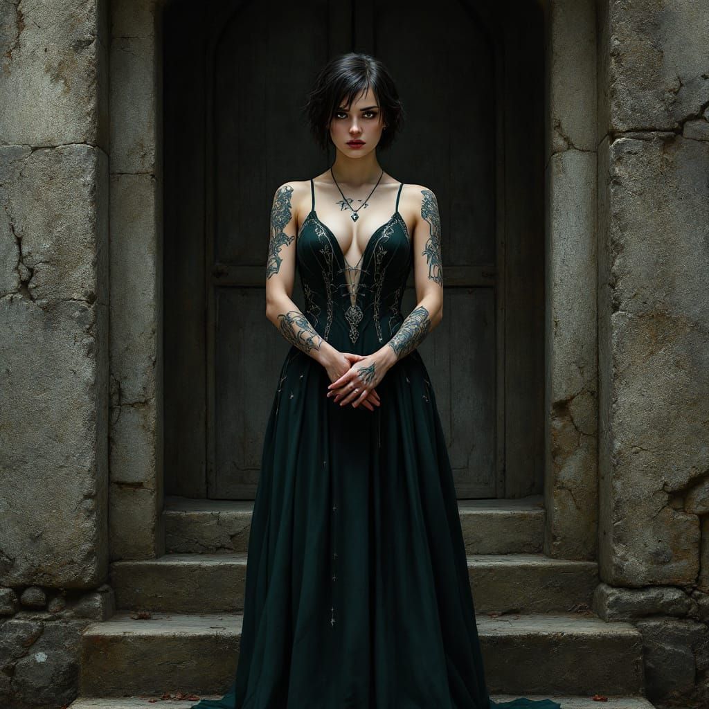 Medieval Noblewoman with Tattoos on Stone Porch