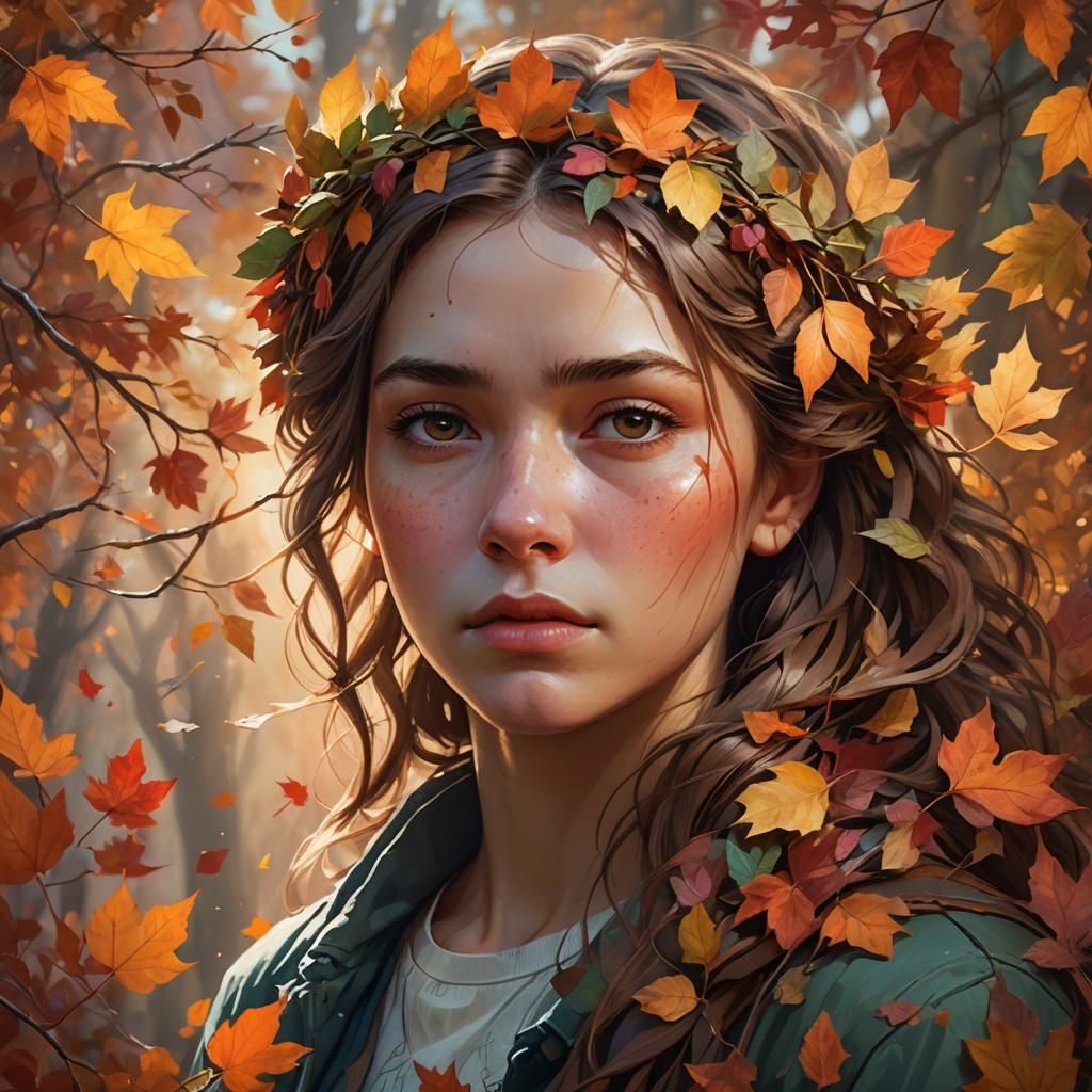 Autumnal Portrait of Woman with Leaves in Hair
