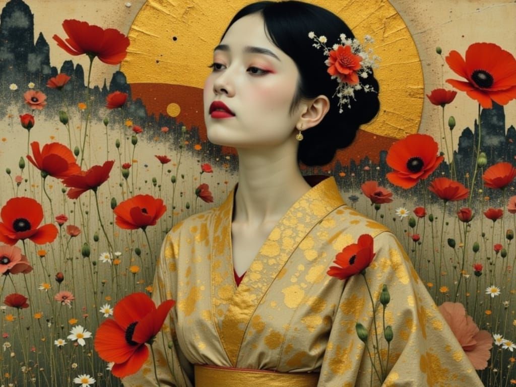 Geisha in Gold Kimono: Impressionistic, Vienna Secession Por...