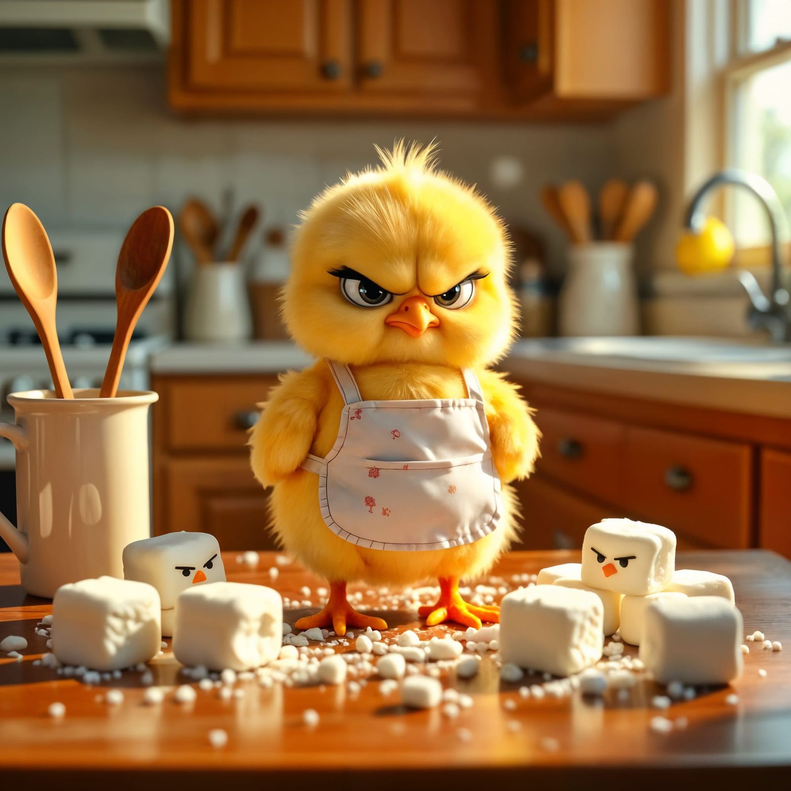 Angry Chick in Kitchen with Smashed Marshmallows