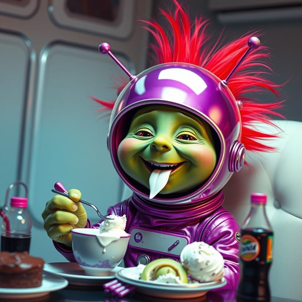 Joyful Alien in Vibrant Spacesuit Eats Ice Cream