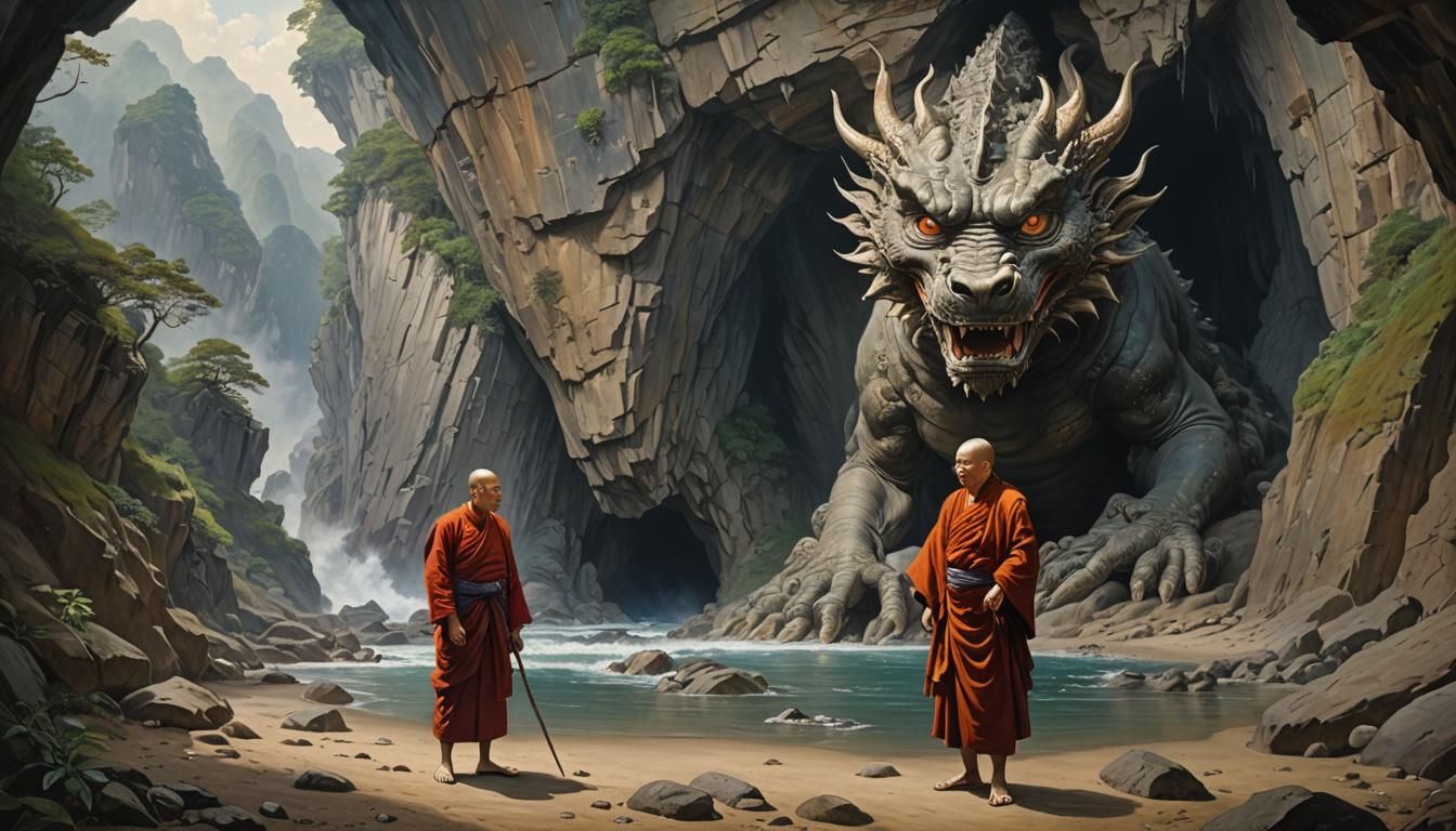 Monk and Dragon Creature in Japanese Mountain Cave