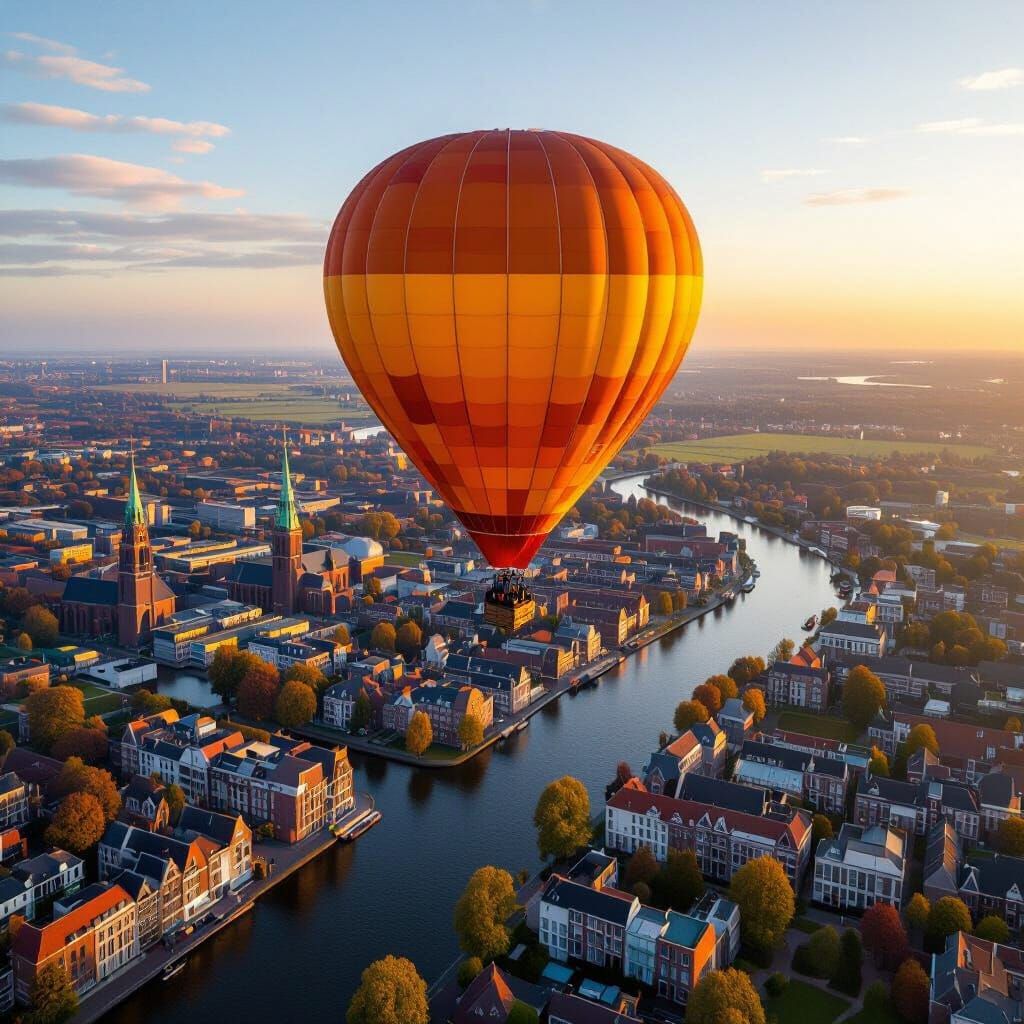 Hot Air Balloon Over Amsterdam at Golden Hour
