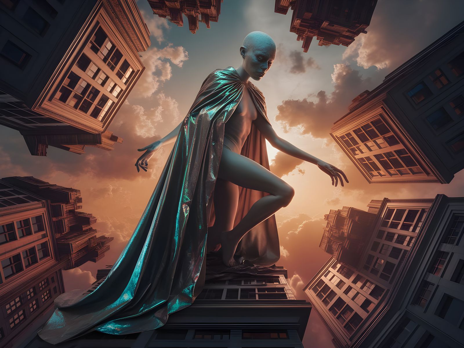 Surreal Figure Reigns Over Twisted Cityscape in Golden Hour