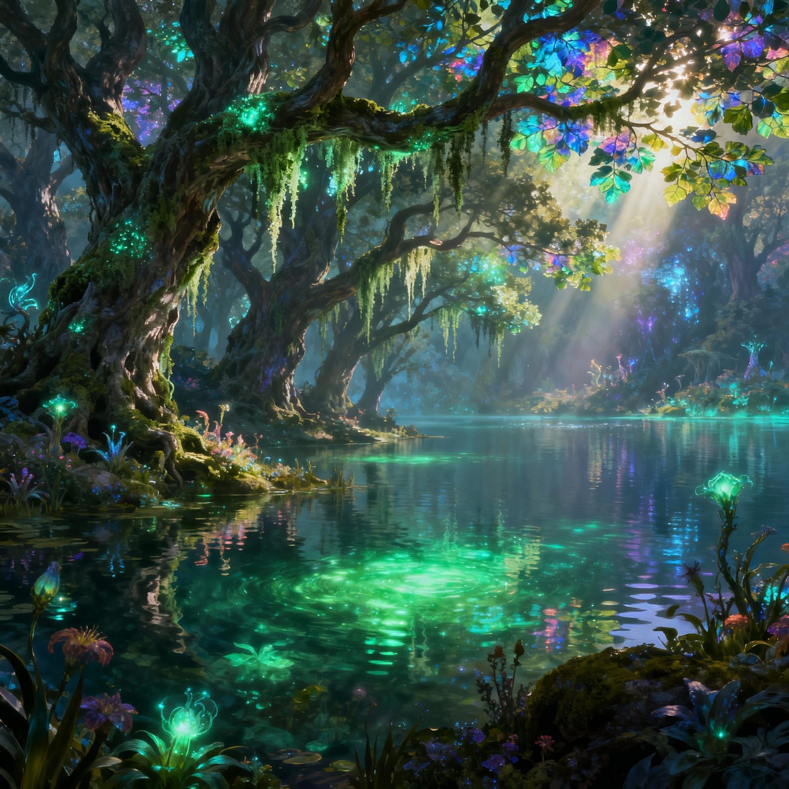 Mystical Feywild Lake with Bioluminescent Flora