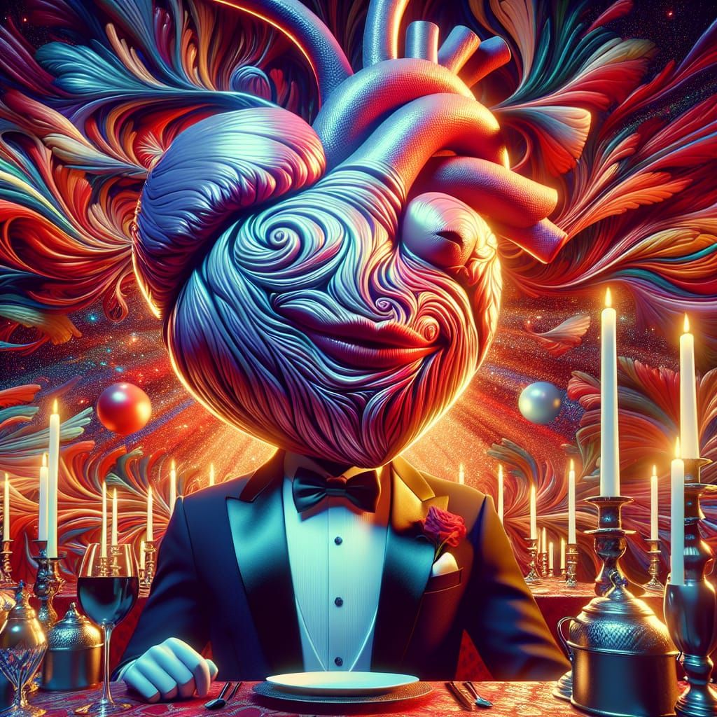Anthropomorphic Heart in Tuxedo at Dinner Party