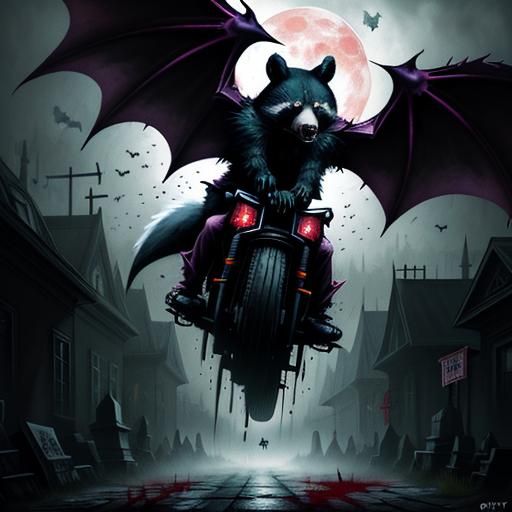Flying rabid poison bloodstained racoon blood bat, riding black bear, mist fog rain thunder blood moon, bats, creepy gra...