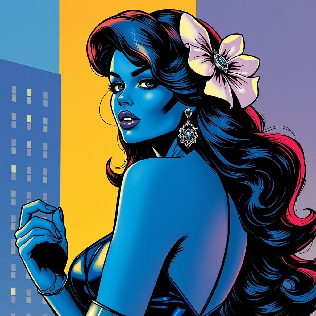 Sultry Blue Pin-up Girl in Comic Book Style