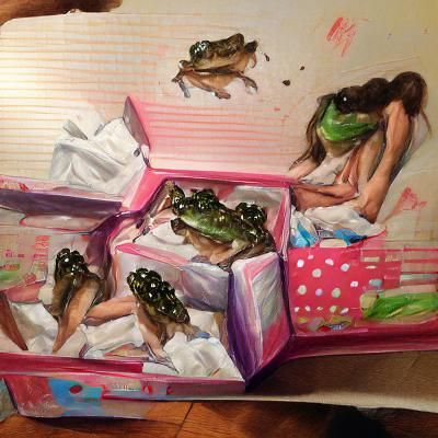 Shoebox of Frogs Spills in Hyperrealistic Style