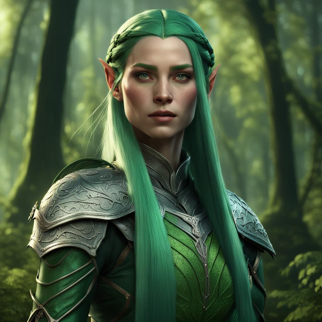 Green-Haired Elf Woman in Forest Clearing