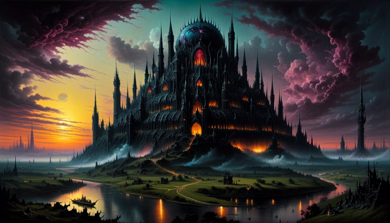 Dark Vampire in a Biohazardous Castle at Sunset