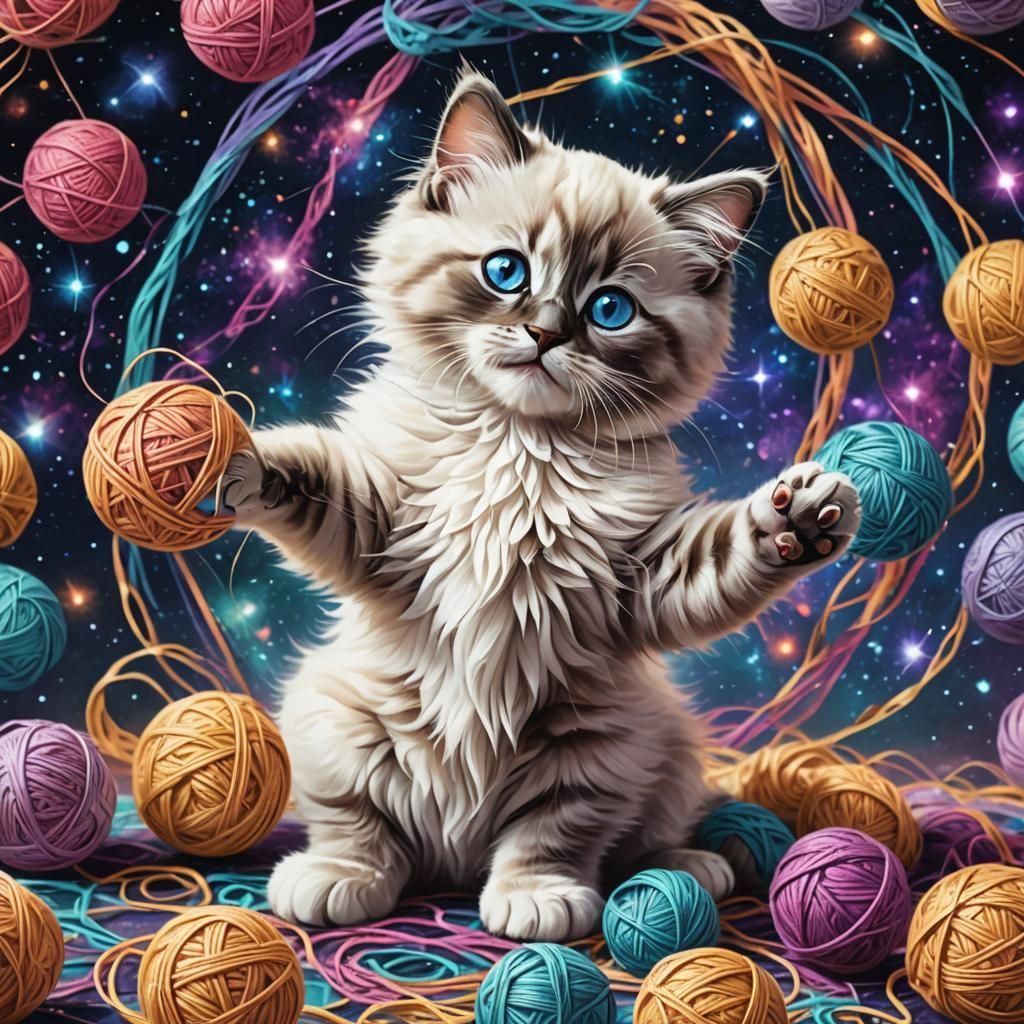 Ragdoll Kitten Plays with Yarn: Astral Cosmic Illustration