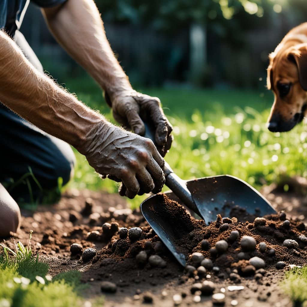 Dirty Hands Scoop Up Dog Waste in a Backyard Garden