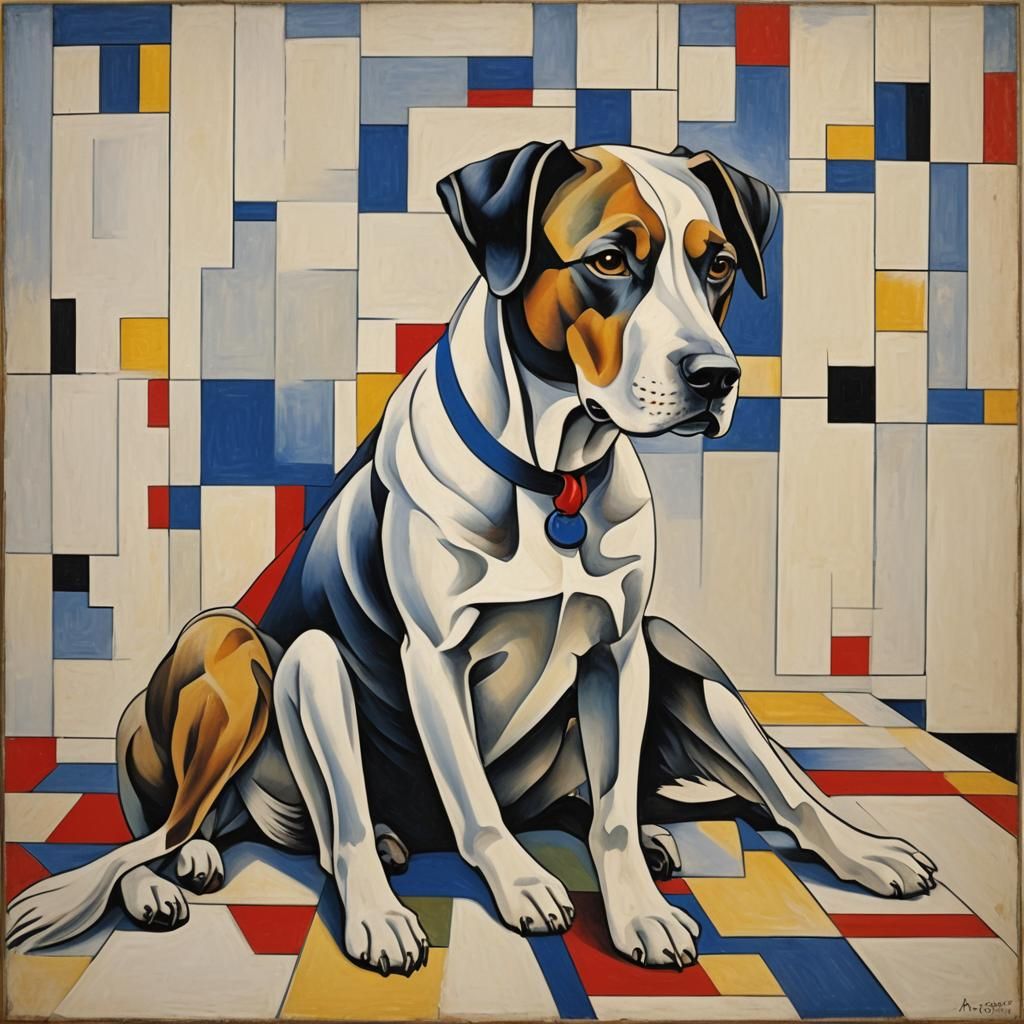 Abstract Cubist Dog in Mondrian Style