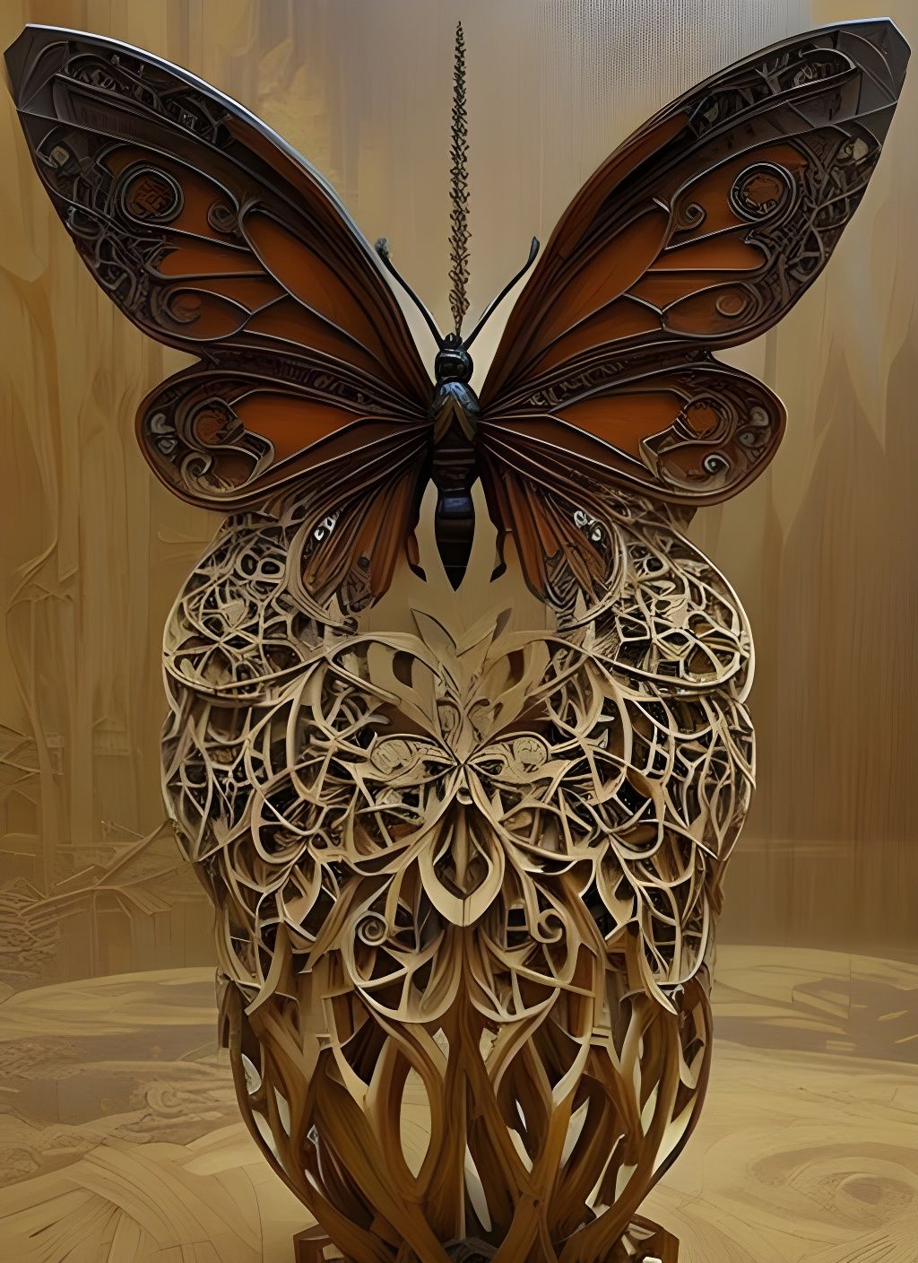 Intricate Wood Carving of a Butterfly Statue