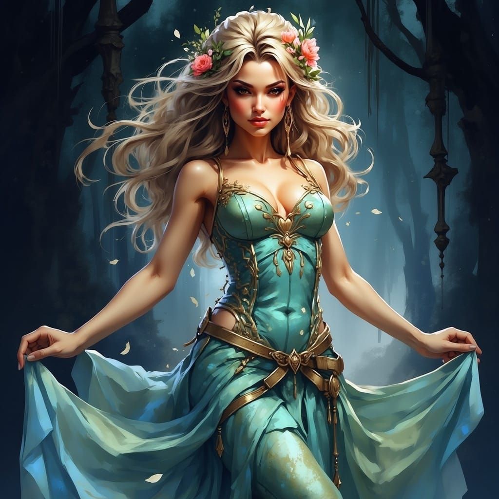 Fae Woman Radiates Enchanted Beauty in Iridescent Gown