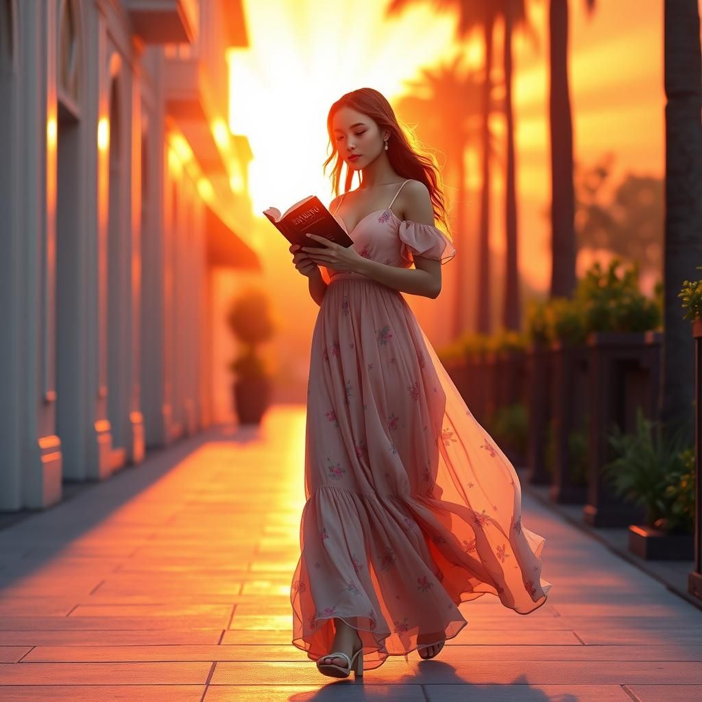 Woman in Flowing Dress Reading Novel